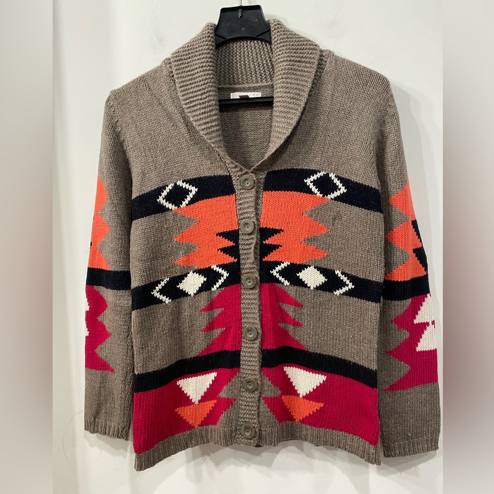 Kenar Cardigan Sweater Wool Angora Blend Buttoned Geo pattern Brown/ Beige Large